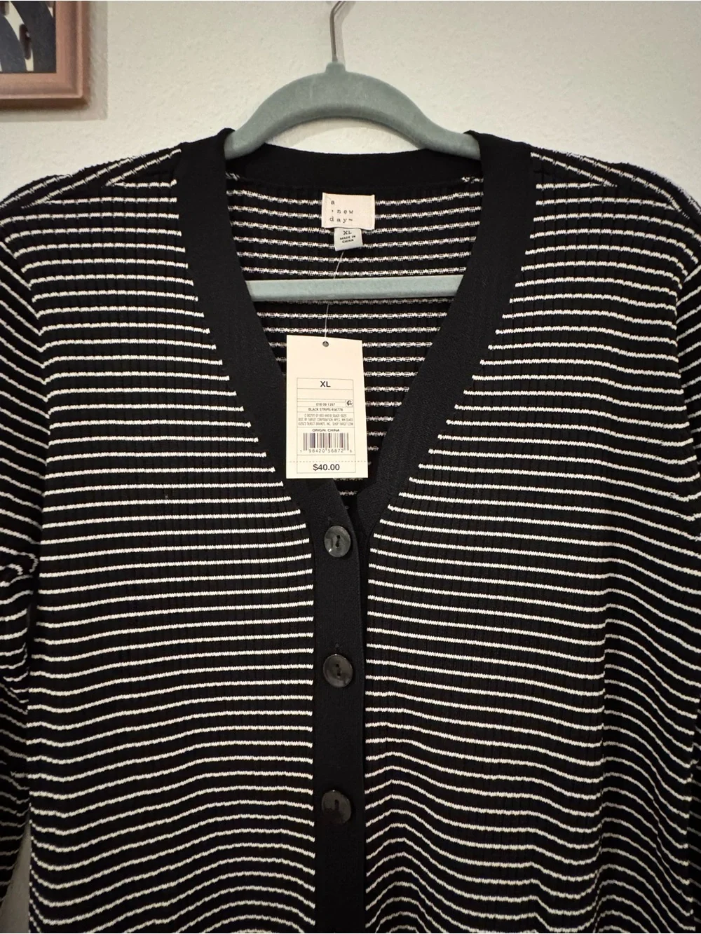 A New Day XL Striped Rib Knit Midi Sweater Dress Black White Button Front NWT